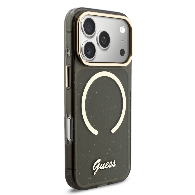 Guess IML Glitter Script Strap MagSafe Zadní Kryt pro iPhone 17 Pro Black