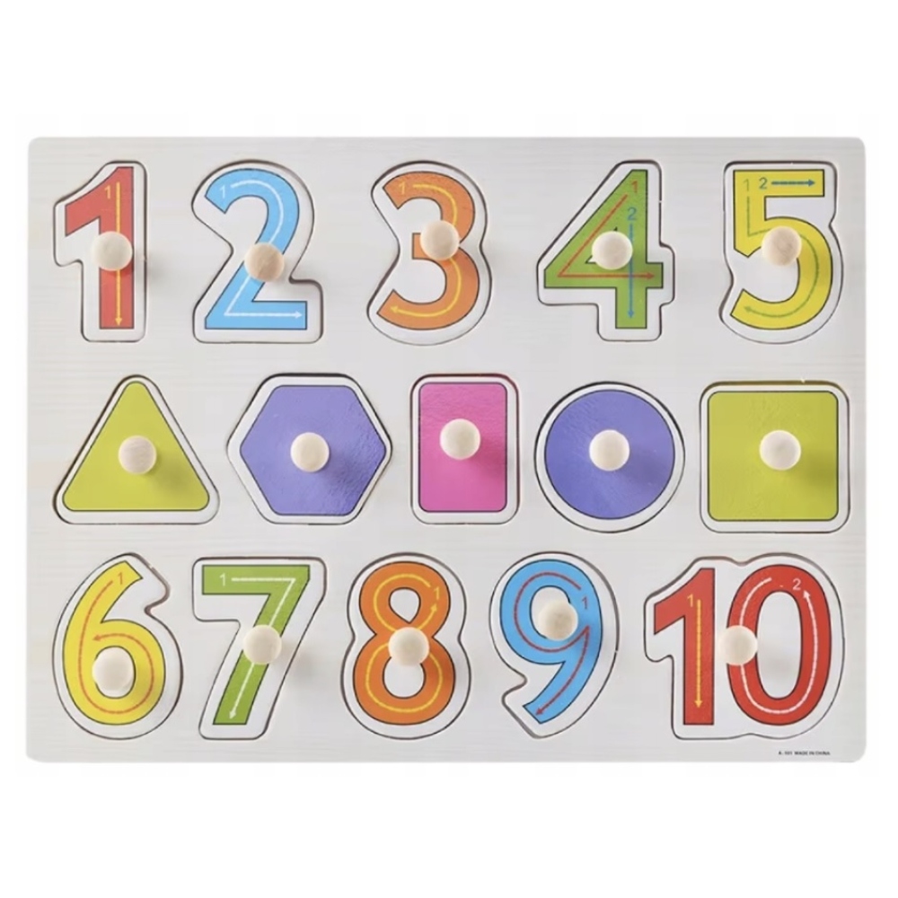 Dřevěné dětské puzzle s úchytem - tvary a číslice