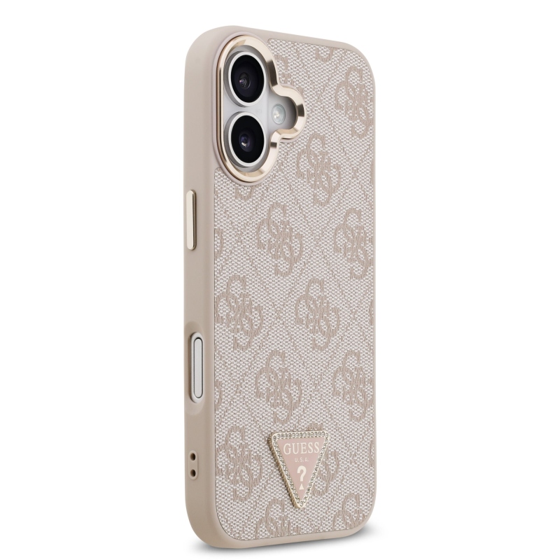 Guess PU Leather 4G Strass Triangle Logo Gold Frame MagSafe Zadní Kryt pro iPhone 17 Pink