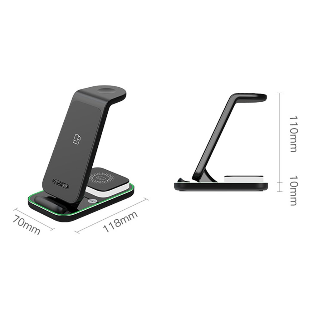 YF-A6 bezdrátová nabíjecí stanice 3v1 15W s nočním světlem - černá