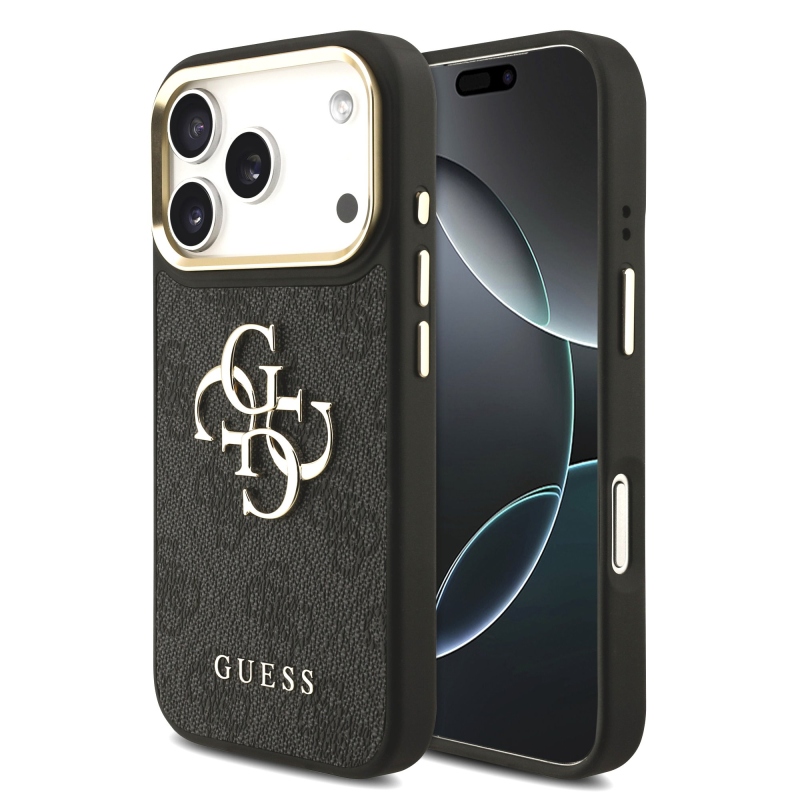 Guess PU Leather 4G Metal Logo Gold Frame Zadní Kryt pro iPhone 17 Pro Black