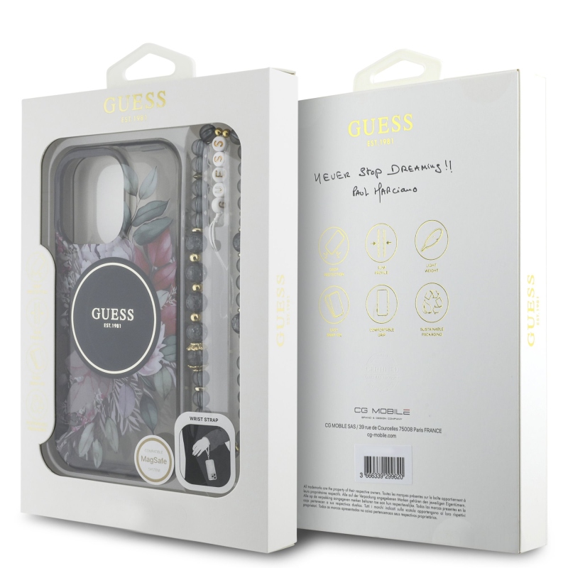 Guess IML Flowers Pearl Strap MagSafe Zadní Kryt pro iPhone 16 Pro Max Black