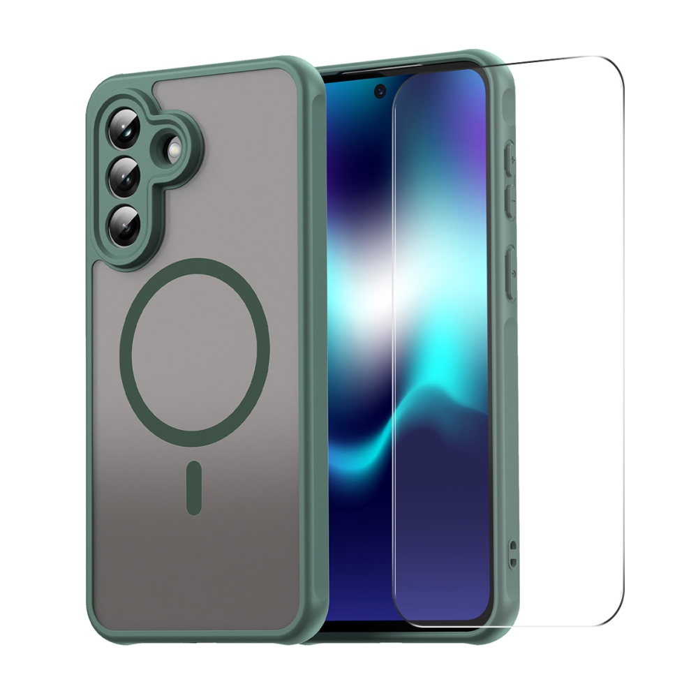 ENKAY matný gelový obal s MagSafe + 9H ochranné sklo na Samsung Galaxy A37 5G - zelený