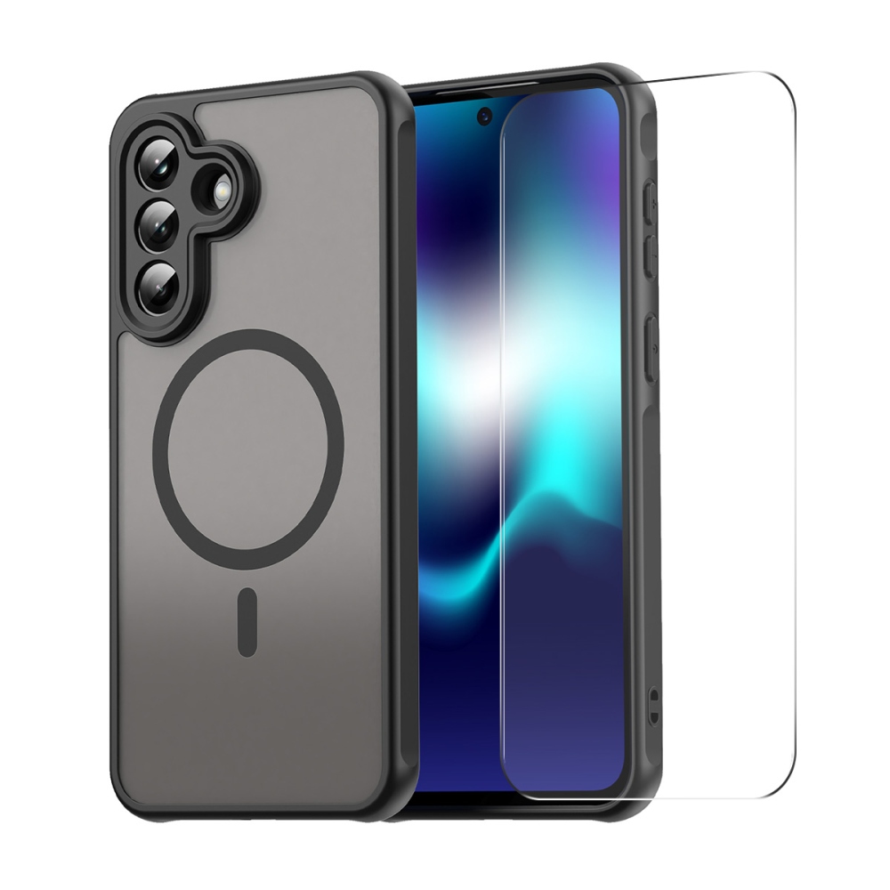 ENKAY matný gelový obal s MagSafe + 9H ochranné sklo na Samsung Galaxy A57 5G - černý