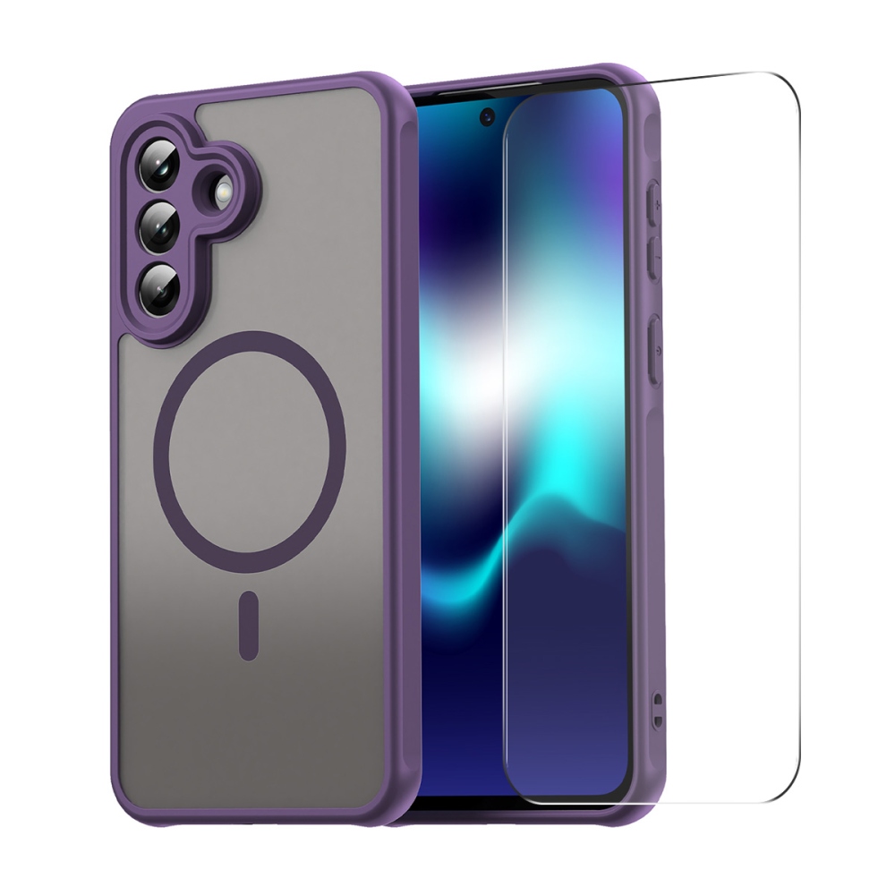 ENKAY matný gelový obal s MagSafe + 9H ochranné sklo na Samsung Galaxy A57 5G - fialový
