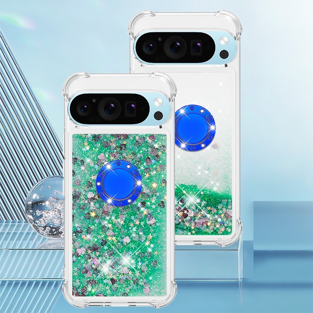 Glitt přesýpací gelový obal s kroužkem na prst na Google Pixel 10 - zelený/srdíčka