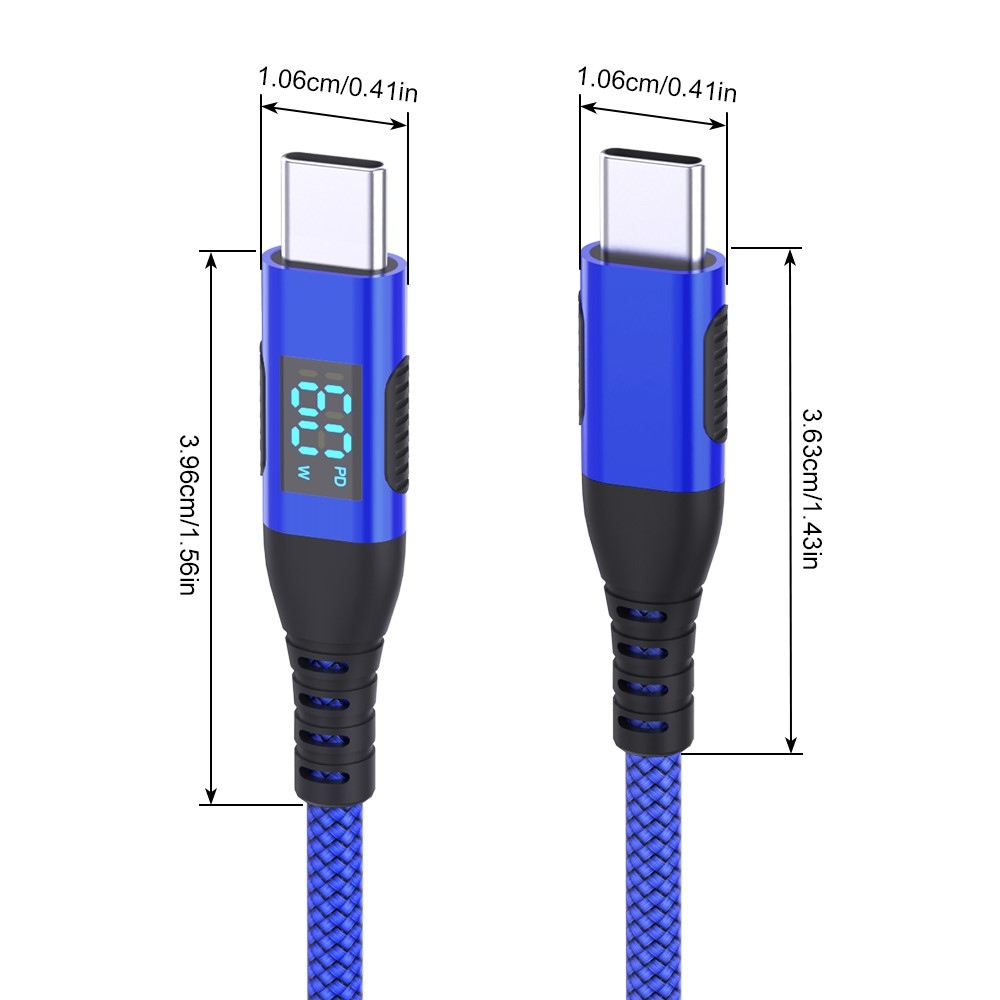 Nylonový kabel USB-C / USB-C s displejem 3m 60W - modrý