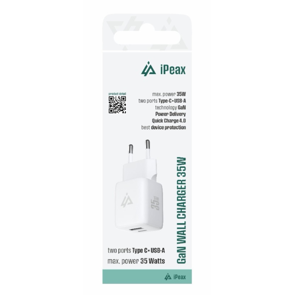 iPEAX GaN Síťová nabíječka 35 W, 1x USB-C a 1x USB-A - bílá
