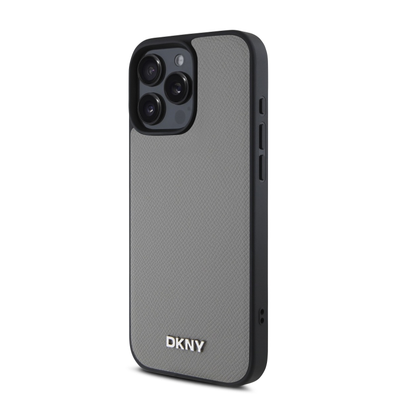 DKNY PU Leather Silver Metal Logo Magsafe Zadní Kryt pro iPhone 16 Pro Max Grey