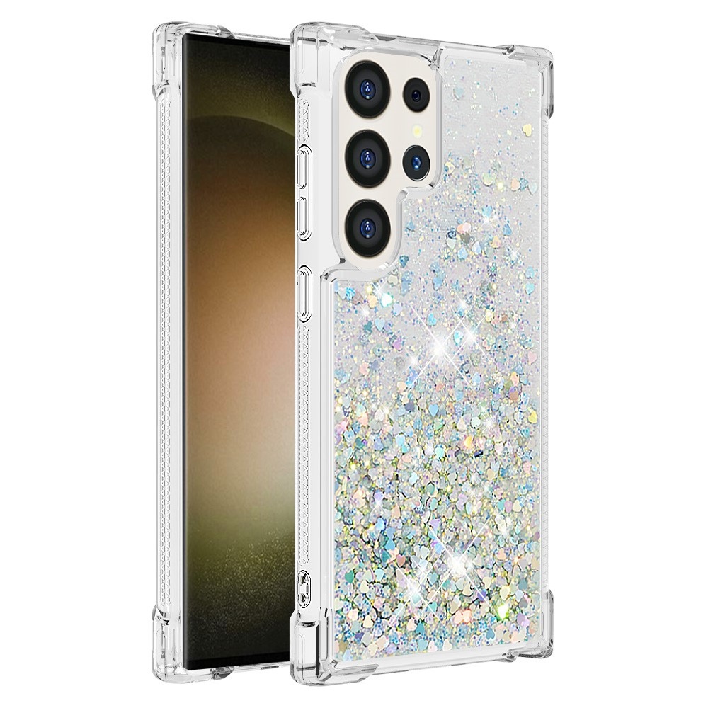 Glitter přesýpací gelový obal na Samsung Galaxy S24 Ultra - stříbrný/srdíčka