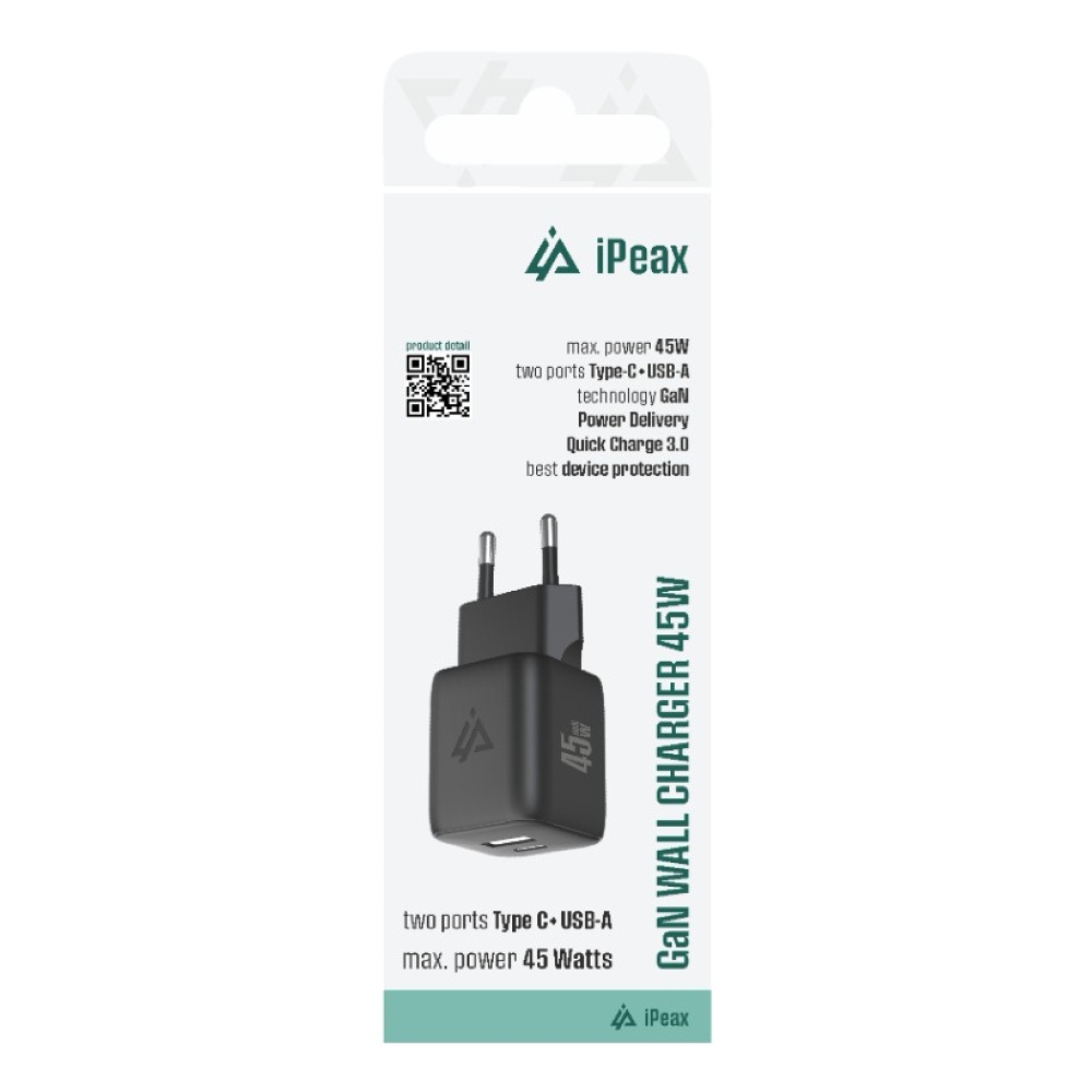 iPEAX GaN Síťová nabíječka 45 W, 1x USB-C a 1x USB-A - černá
