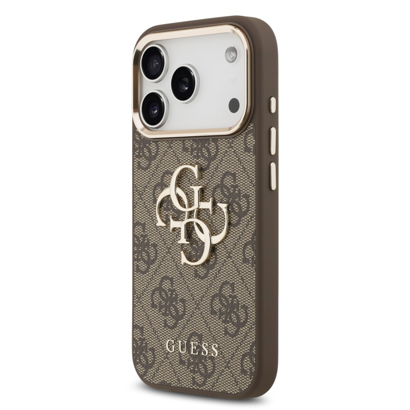 Guess PU Leather 4G Metal Logo Gold Frame Zadní Kryt pro iPhone 17 Pro Brown