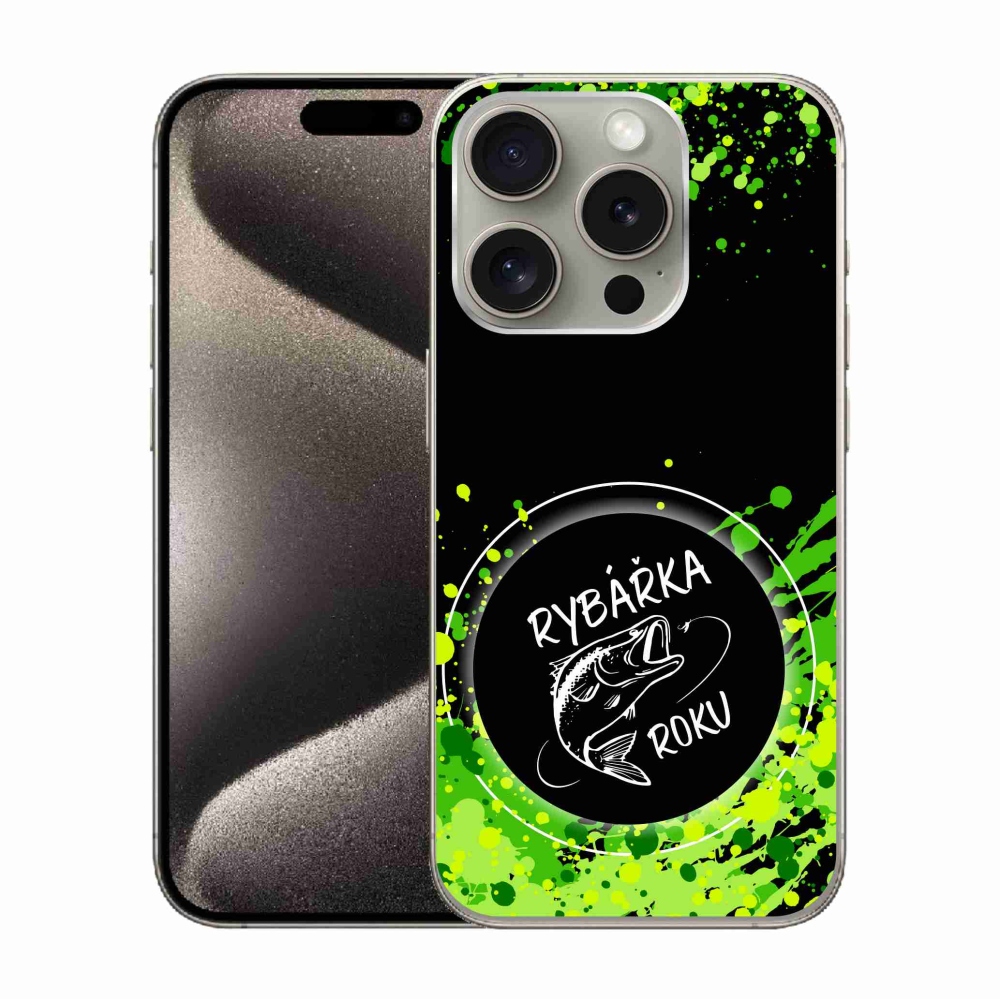 Gelový kryt mmCase na iPhone 15 Pro - rybářka roku černé pozadí