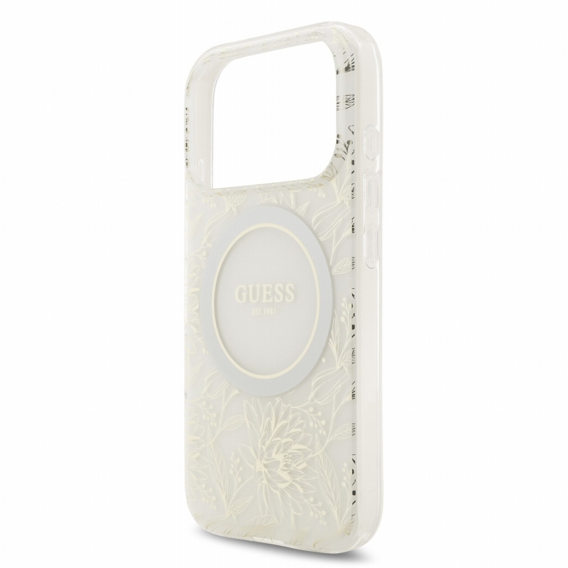 Guess IML Flowers Allover Strap MagSafe Zadní Kryt pro iPhone 18 Pro White