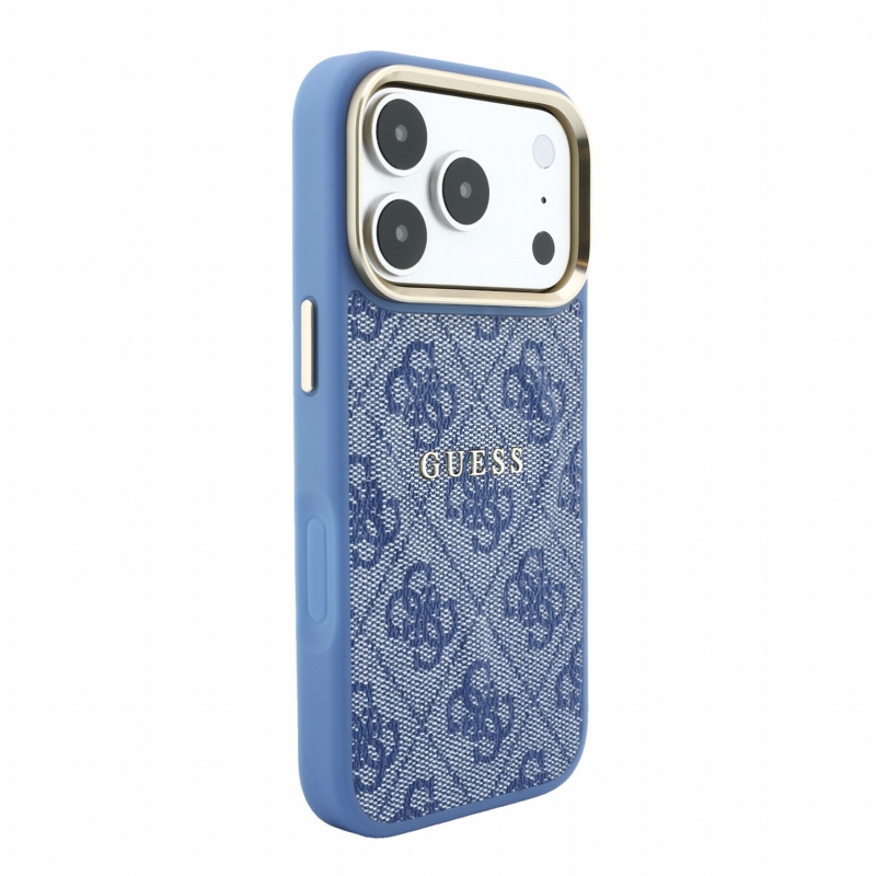Guess PU Leather 4G Gold Frame Embossed MagSafe Zadní Kryt pro iPhone 18 Pro Blue