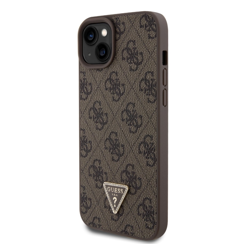 Guess PU 4G Strass Triangle Metal Logo Zadní Kryt + Crossbody Popruh pro iPhone 15 Plus Brown