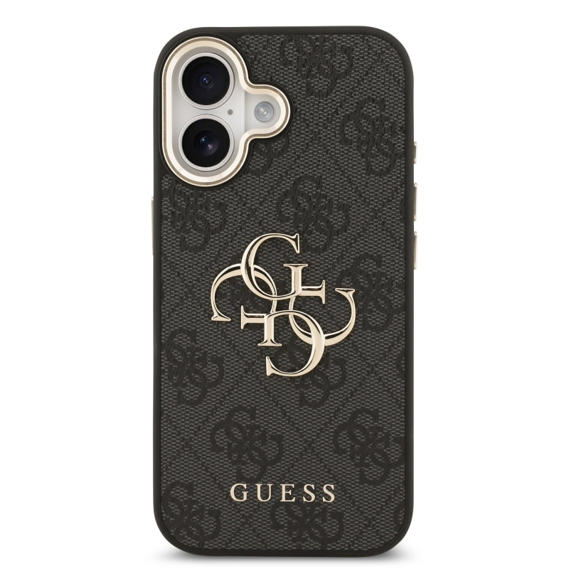 Guess PU Leather 4G Metal Logo Gold Frame Zadní Kryt pro iPhone 17 Black