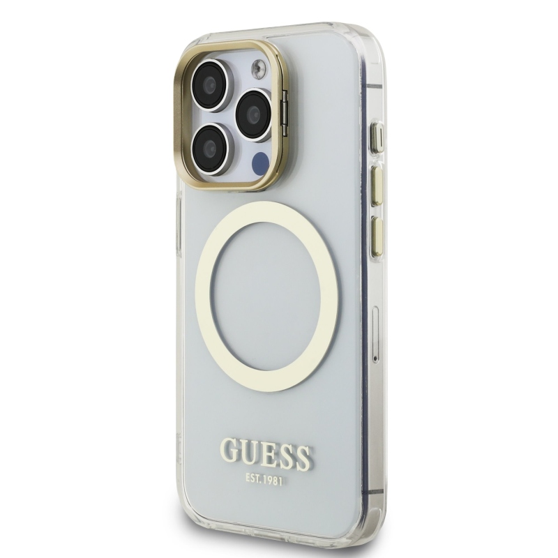 Guess IML Gold Outline Stand Camera Frame MagSafe Zadní Kryt pro iPhone 15 Pro Transparent