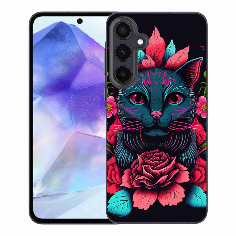 Gelový kryt mmCase na Samsung Galaxy A55 5G - květiny a kočka