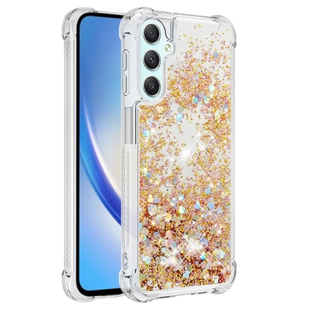 Glitter přesýpací gelový obal na Samsung Galaxy A24 - zlatý/srdíčka	