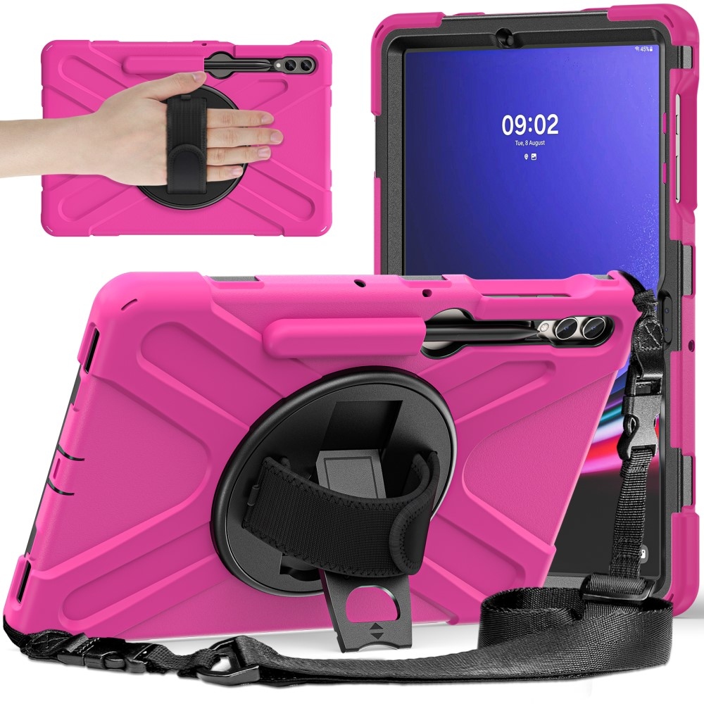 Strap odolný kryt s úchopem na ruku a popruhem na Samsung Galaxy Tab S10+/S9+/S9 FE+/S8+/S7+ - růžový