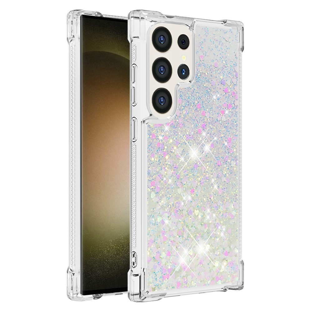 Glitter přesýpací gelový obal na Samsung Galaxy S24 Ultra - růžovostříbrný/srdíčka