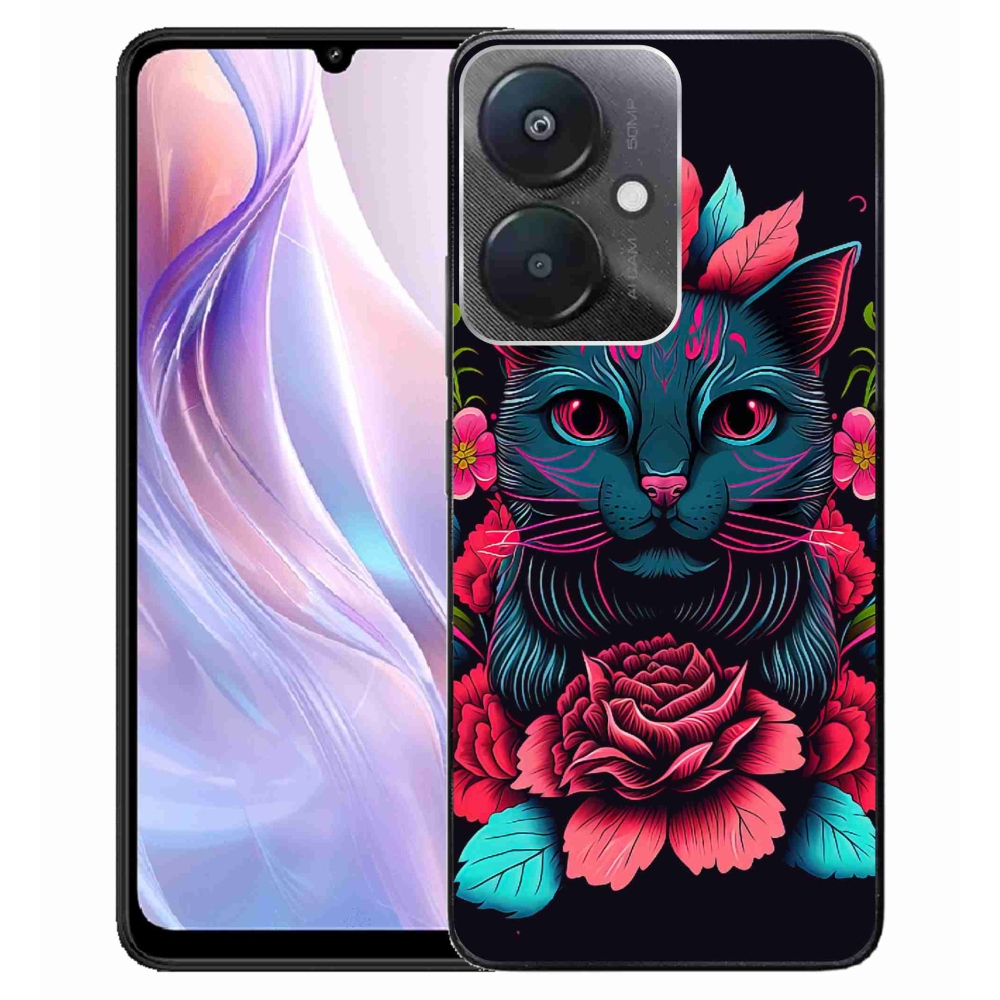 Gelový kryt mmCase na Xiaomi Redmi 13C 5G - květiny a kočka