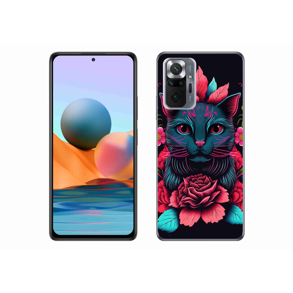 Gelový kryt mmCase na Xiaomi Redmi Note 10 Pro - květiny a kočka