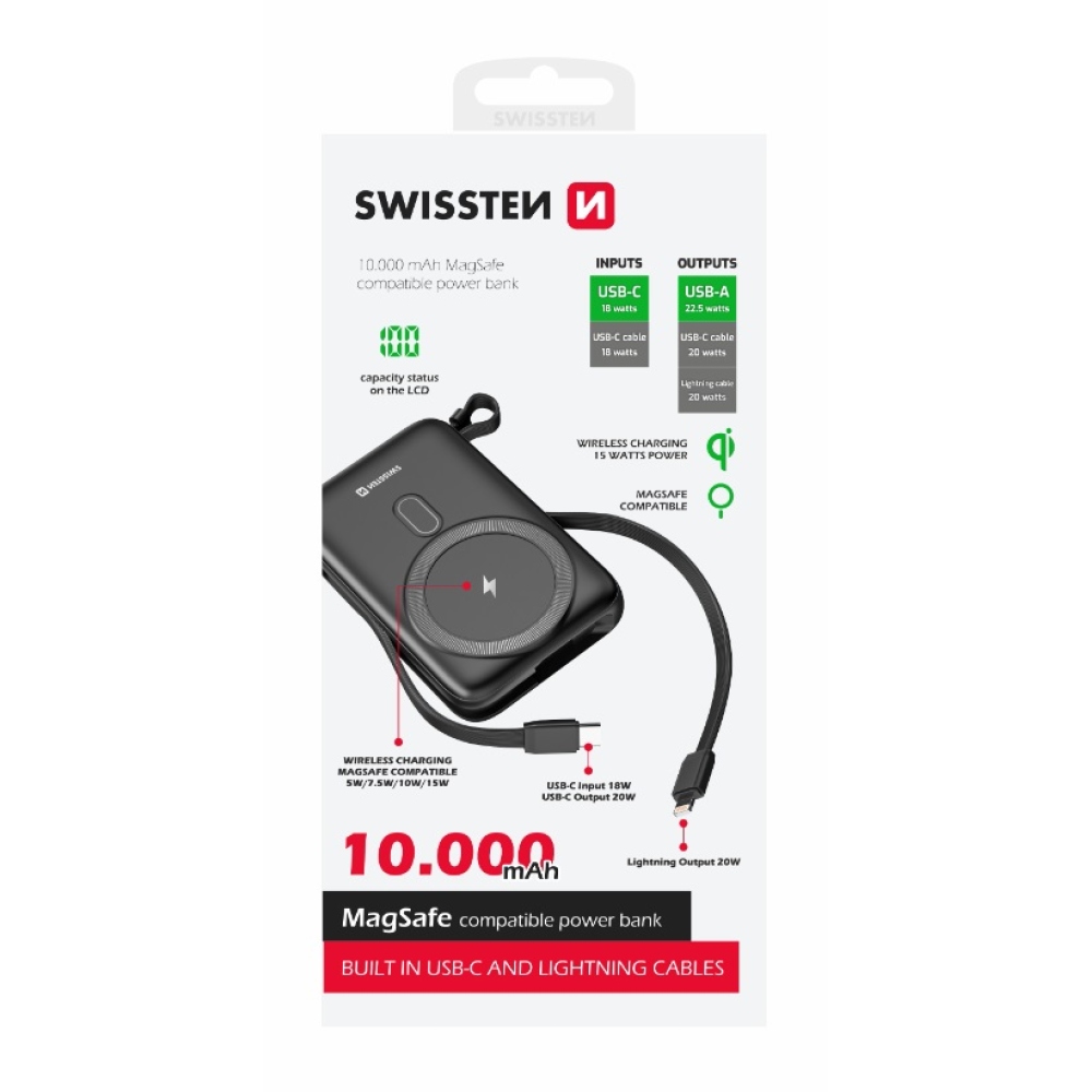 Swissten Powerbank PD 10000 mAh 20W s integrovanými kabely USB-C a lightning (kompatibilní s MagSafe)