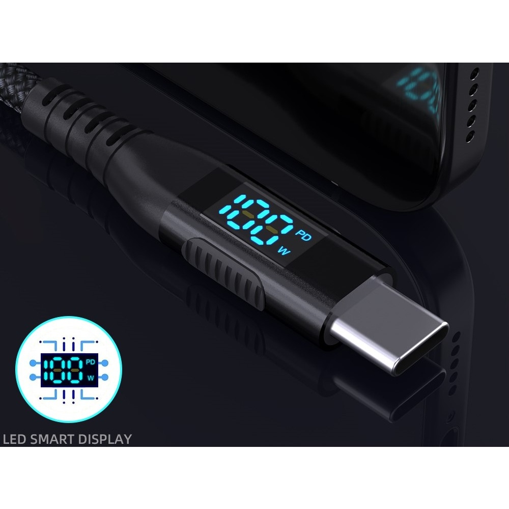 Nylonový kabel USB-C / USB-C s displejem 1m 100W - černý