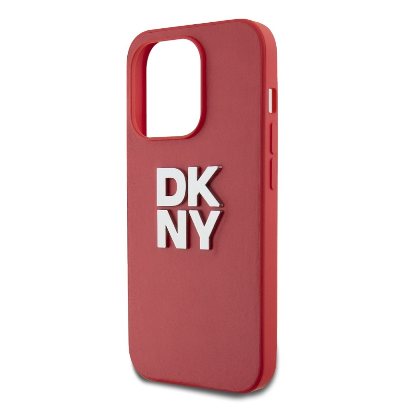 DKNY PU Leather Stack Logo Wrist Strap Zadní Kryt pro iPhone 14 Pro Red