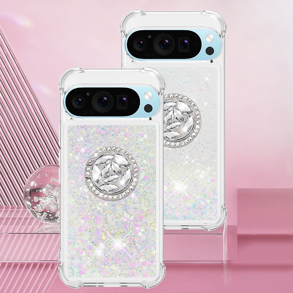 Glitt přesýpací gelový obal s kroužkem na prst na Google Pixel 10 - růžovostříbrný/srdíčka