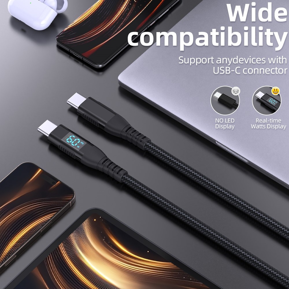 Nylonový kabel USB-C / USB-C s displejem 3m 60W - černý