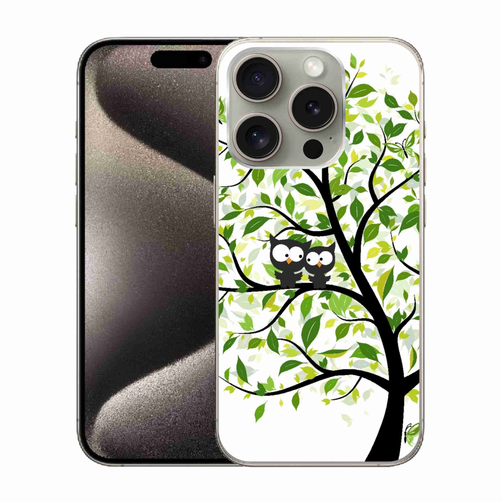 Gelový kryt mmCase na iPhone 15 Pro - sovičky na stromě