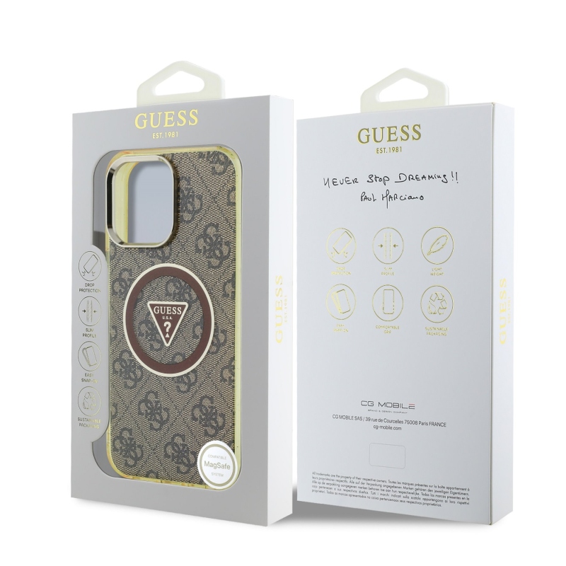 Guess IML 4G Glitter and Triangle Logo MagSafe Zadní Kryt pro iPhone 16 Pro Max Brown