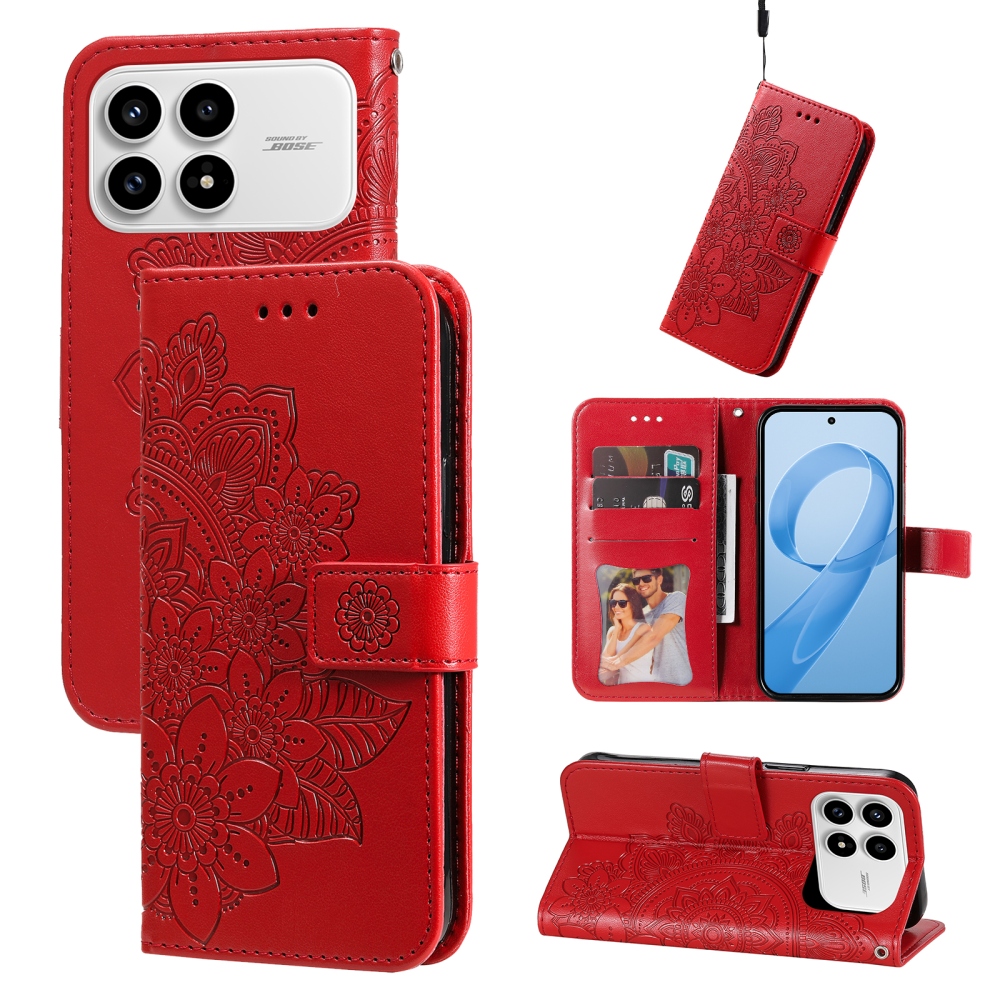 Floral knížkové pouzdro na Xiaomi Poco F8 Pro 5G - červené