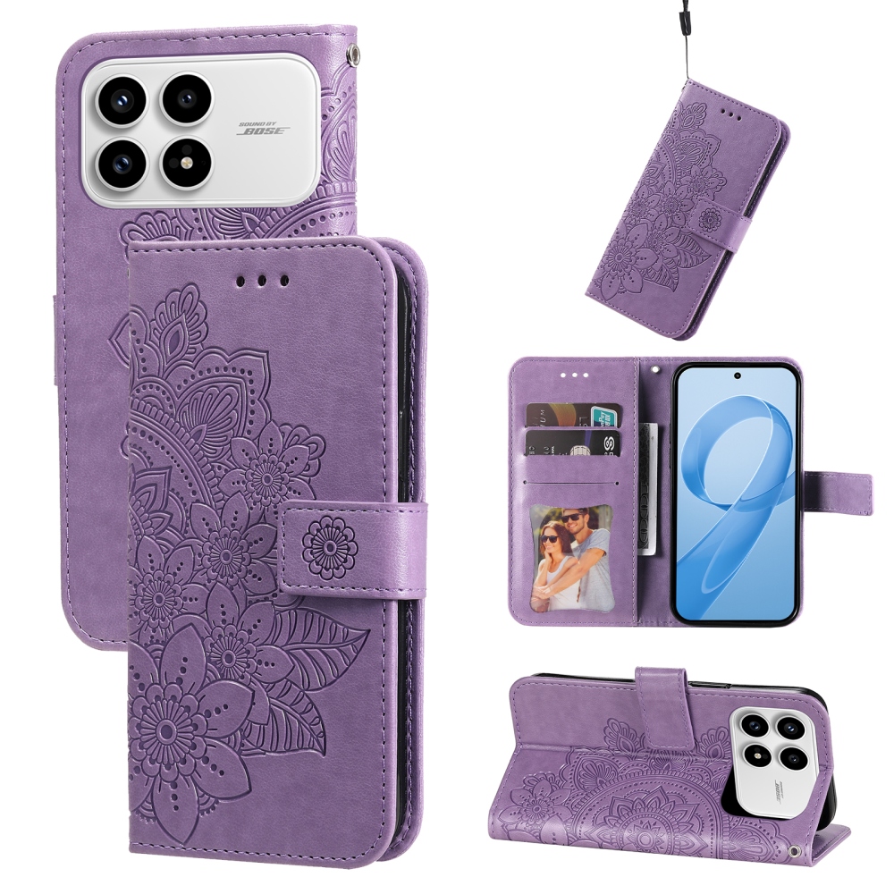 Floral knížkové pouzdro na Xiaomi Poco F8 Pro 5G - fialové