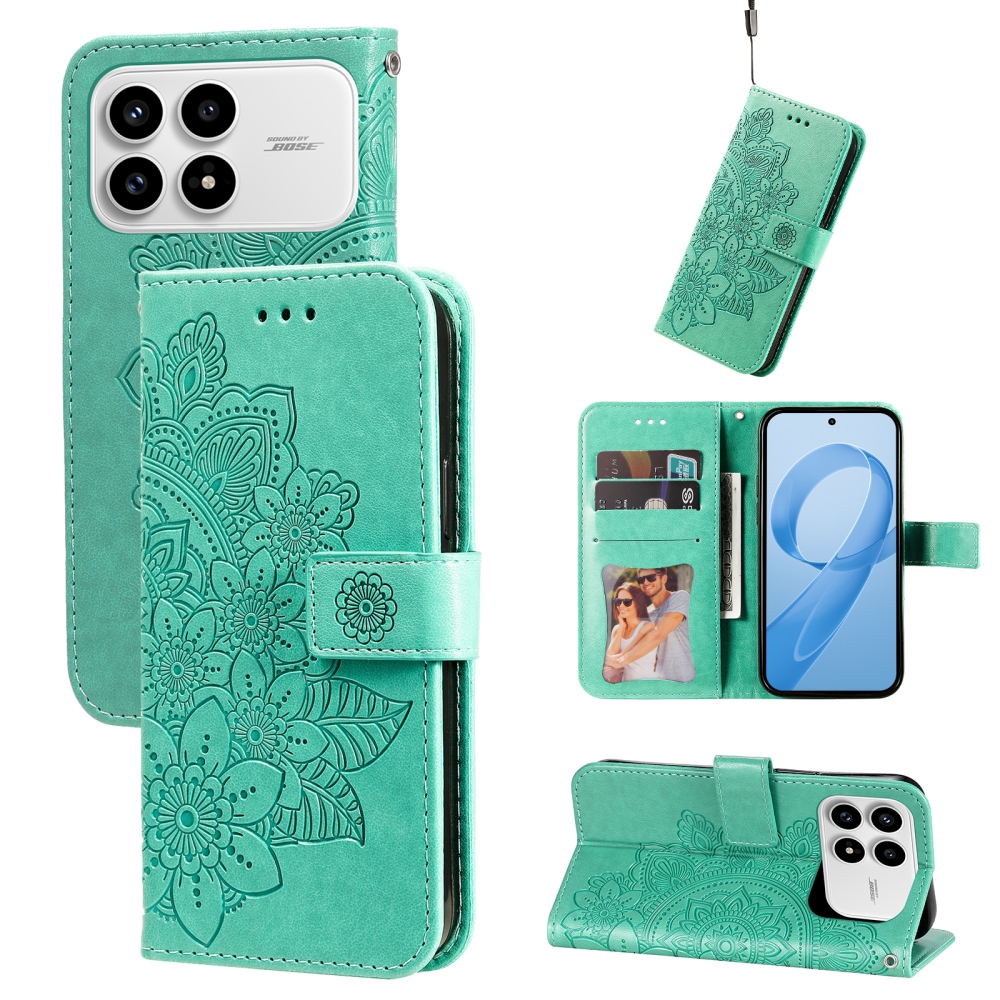 Floral knížkové pouzdro na Xiaomi Poco F8 Pro 5G - modrozelené