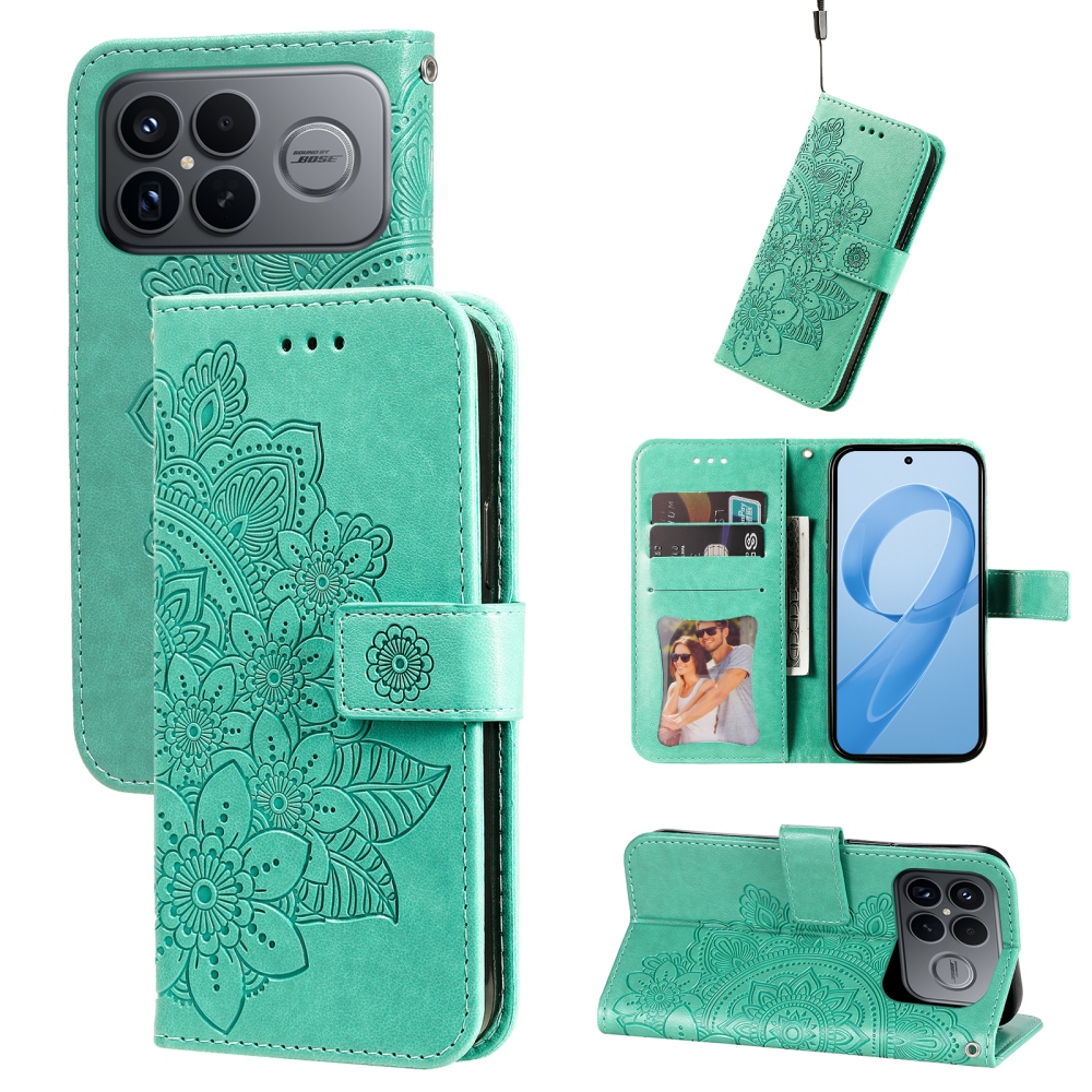 Floral knížkové pouzdro na Xiaomi Poco F8 Ultra 5G - modrozelené