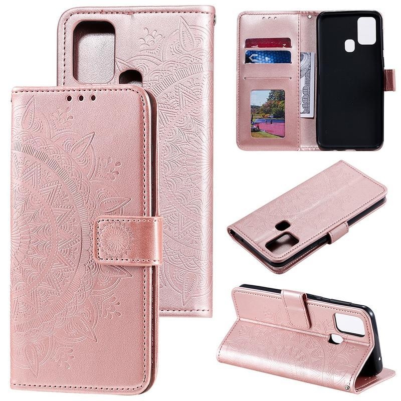 Flower PU kožené peněženkové pouzdro na mobil Honor 9X Lite - růžovozlaté