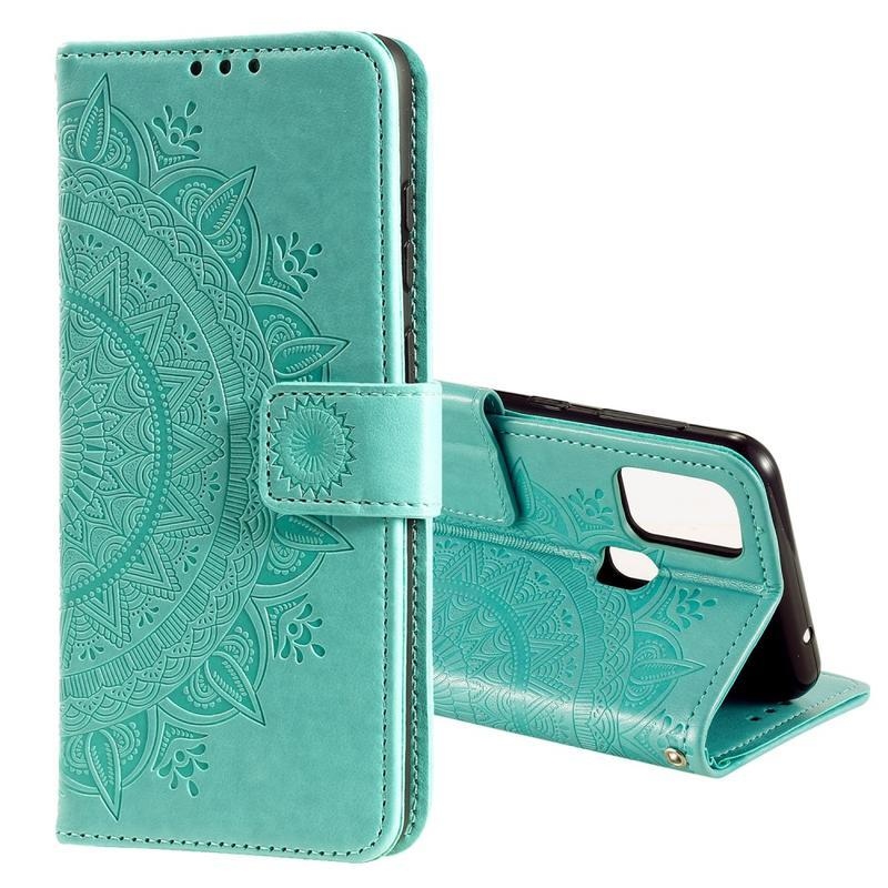 Flower PU kožené peněženkové pouzdro na mobil Honor 9X Lite - zelené