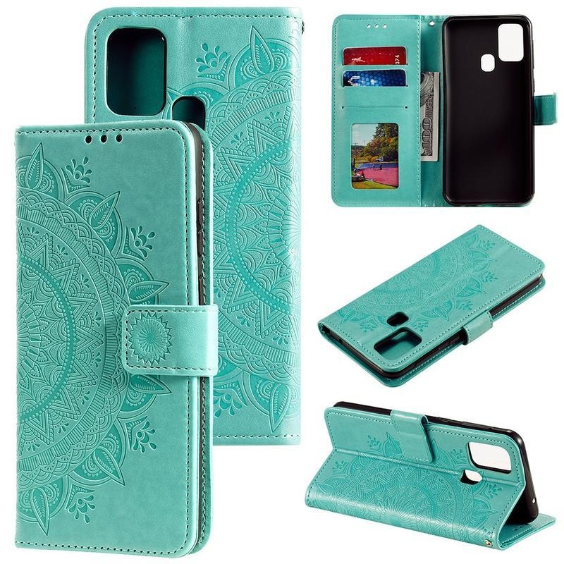 Flower PU kožené peněženkové pouzdro na mobil Honor 9X Lite - zelené