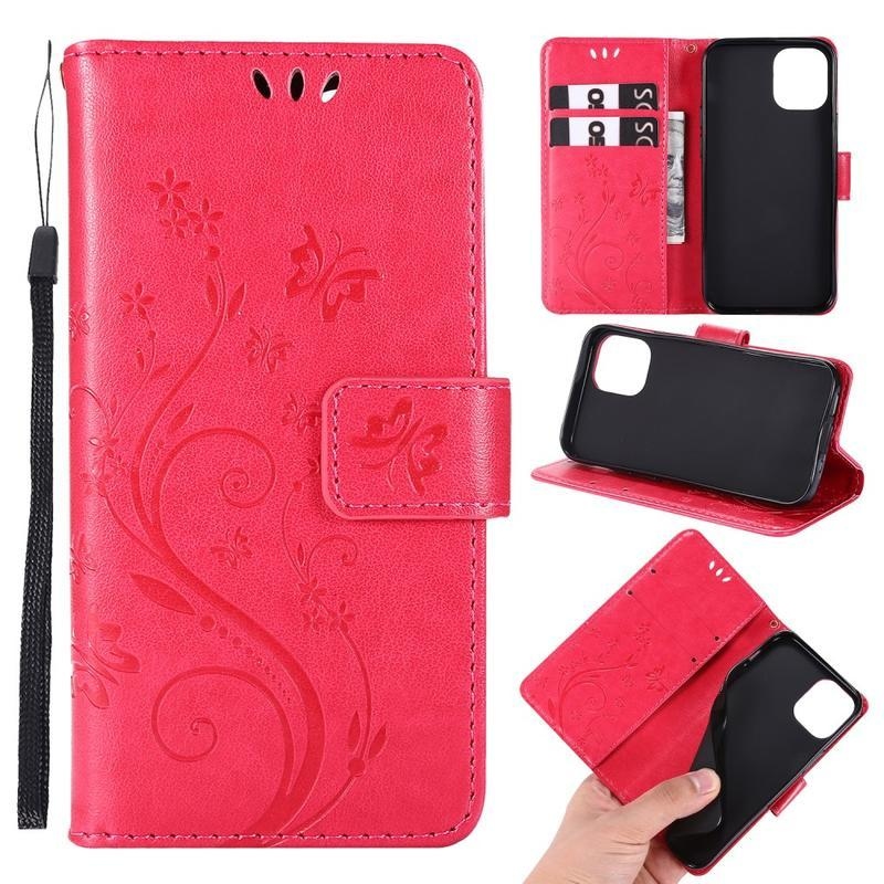 Flower PU kožené peněženkové pouzdro na mobil iPhone 12 mini - červené