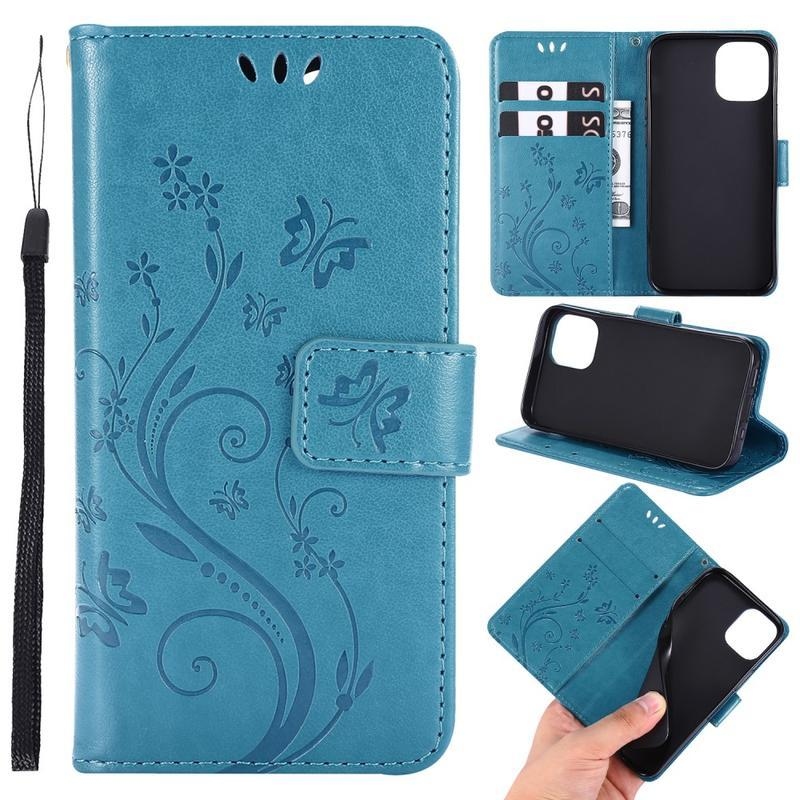Flower PU kožené peněženkové pouzdro na mobil iPhone 12 mini - modré
