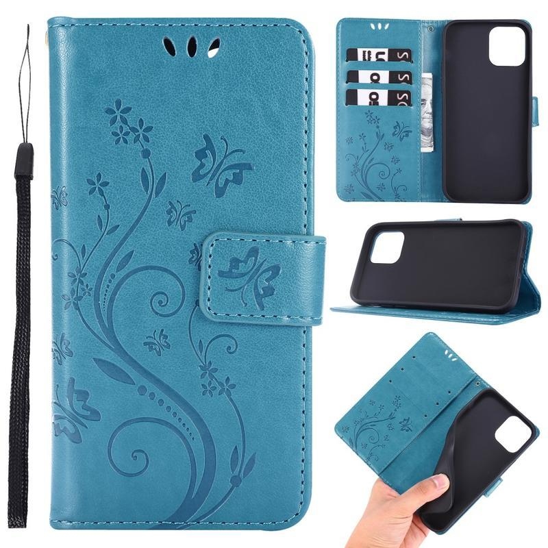 Flower PU kožené peněženkové pouzdro na mobil iPhone 12 Pro/12 - modré