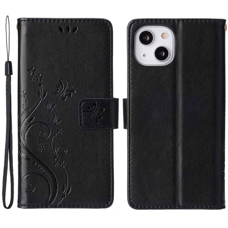 Flower PU kožené peněženkové pouzdro na mobil iPhone 14 6.1 - černé