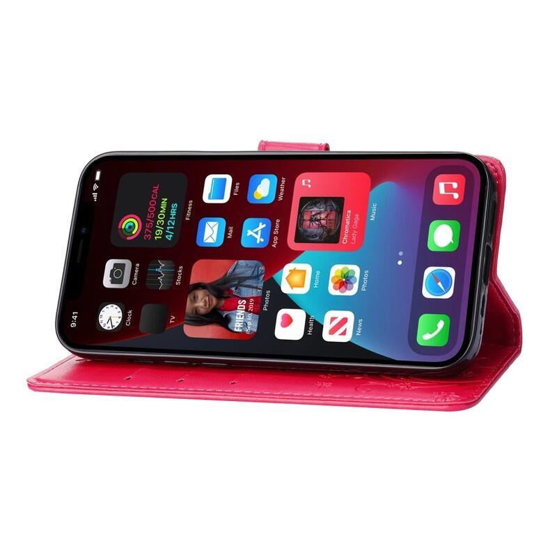 Flower PU kožené peněženkové pouzdro na mobil iPhone 14 6.1 - červené