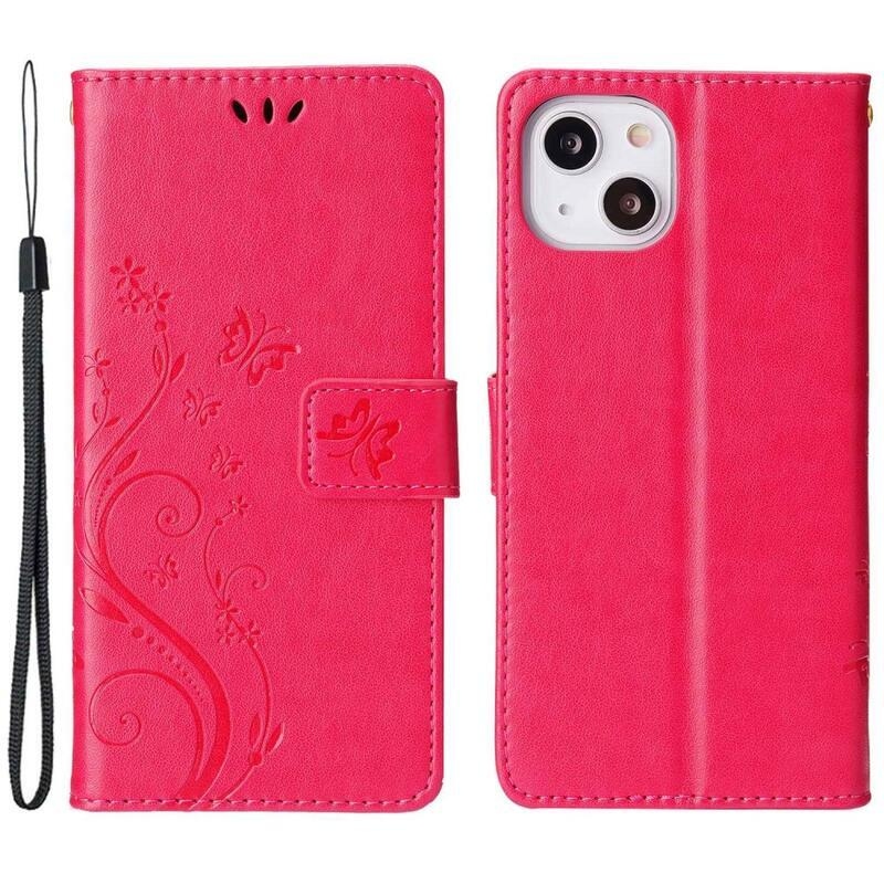 Flower PU kožené peněženkové pouzdro na mobil iPhone 14 6.1 - červené