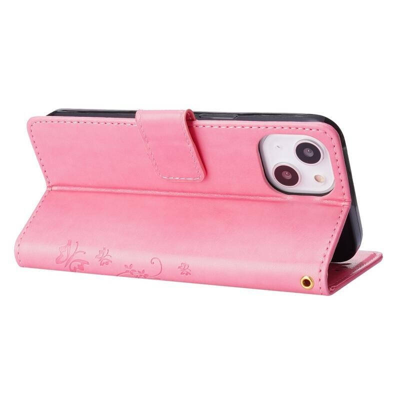 Flower PU kožené peněženkové pouzdro na mobil iPhone 14 6.1 - růžové