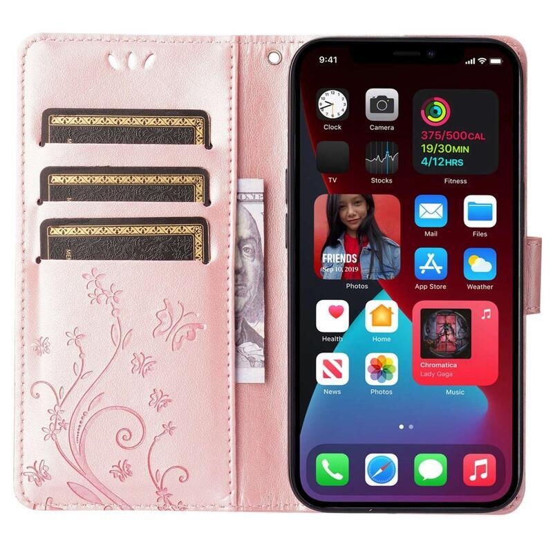 Flower PU kožené peněženkové pouzdro na mobil iPhone 14 6.1 - růžovozlaté
